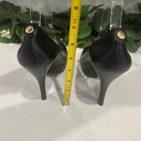 Michael Kors Peep Toe Black Leather Heels Gold Accent 9M Womens Shoes - Picture 3 of 10